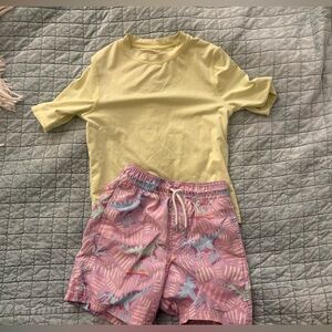 Boy’s Yellow Short Sleeve Top with Pink Patterned Swim Shorts